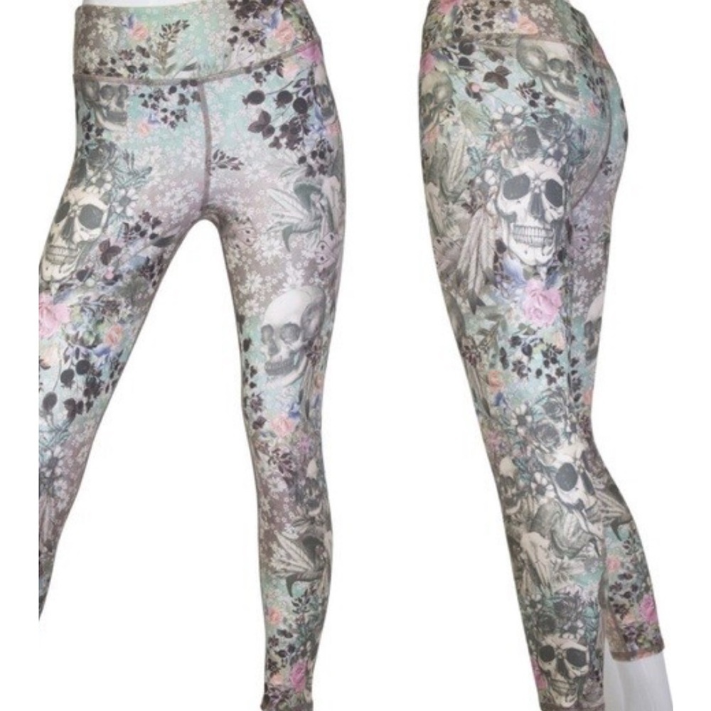 Evolution and Creation High Waist Skull and Floral Yoga Leggings Size Large EUC